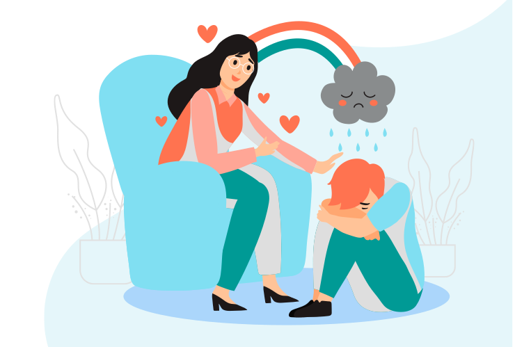 Terapeuta en la consulta con un paciente que se encuentra muy decaído